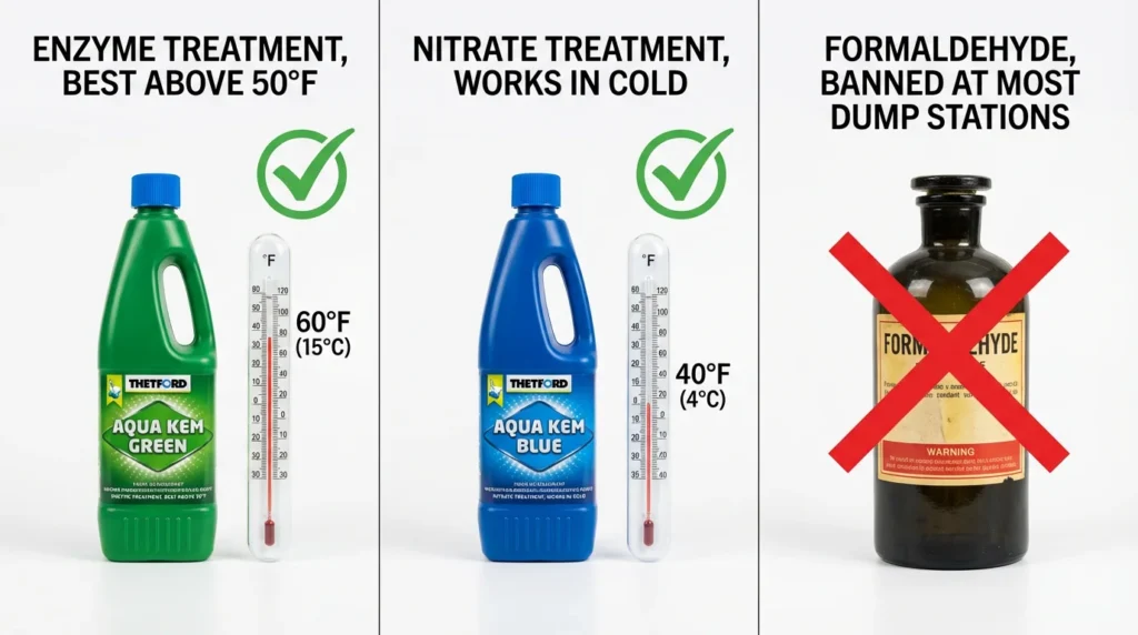 Three portable camping toilet holding tank treatment types showing enzyme treatment for warm weather, nitrate for cold, and red X over banned formaldehyde products