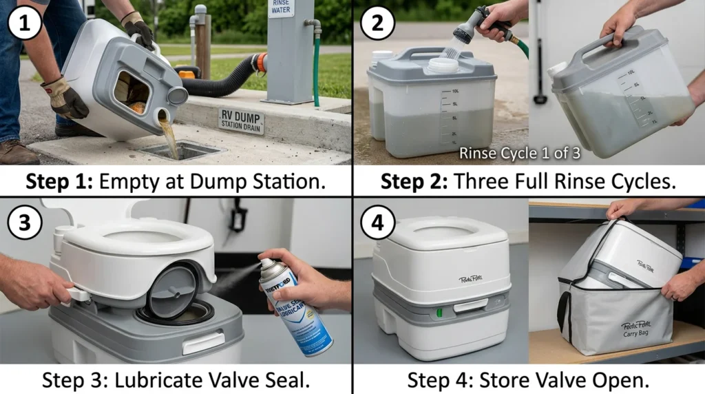 Four-step portable camping toilet maintenance showing dump station emptying, three water rinse cycles, valve seal lubrication, and correct valve-open storage position