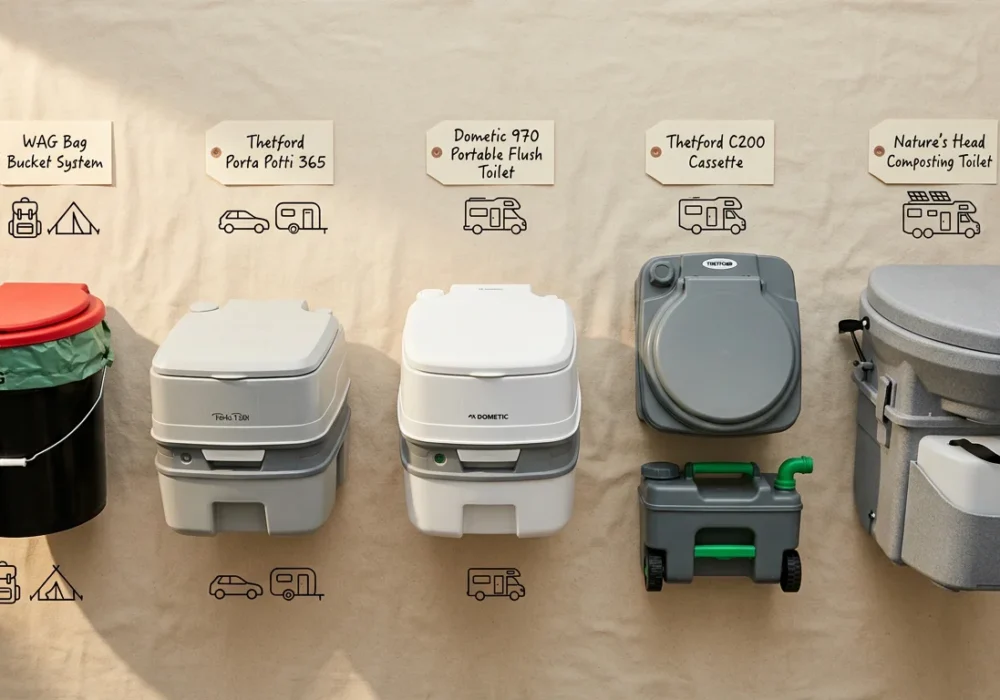 Five portable camping toilet systems arranged by complexity showing WAG bag bucket, Porta Potti flush toilet, cassette toilet, and Nature's Head composting unit