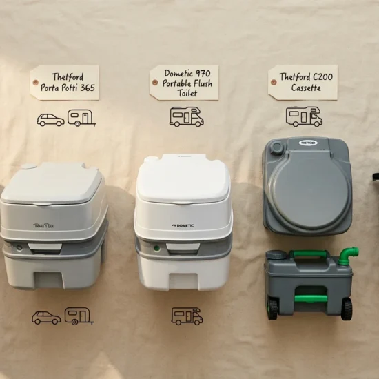 Five portable camping toilet systems arranged by complexity showing WAG bag bucket, Porta Potti flush toilet, cassette toilet, and Nature's Head composting unit