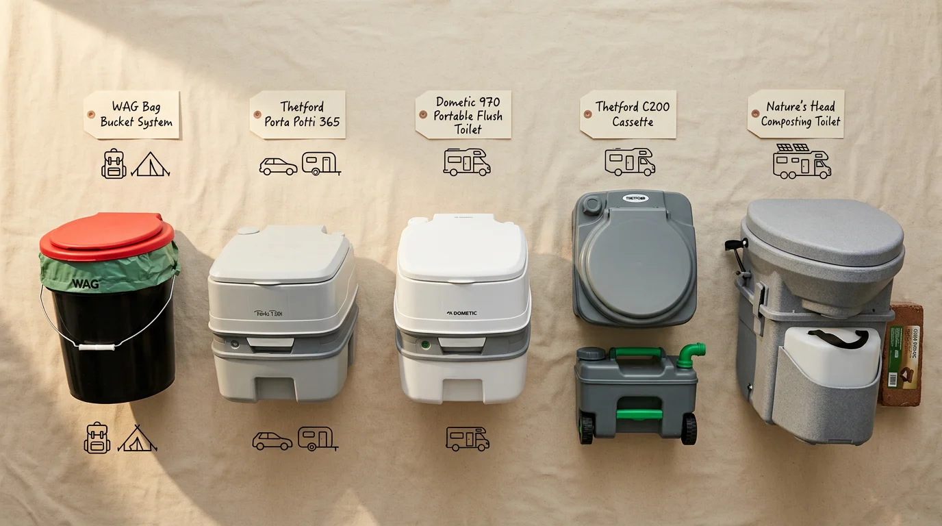 Five portable camping toilet systems arranged by complexity showing WAG bag bucket, Porta Potti flush toilet, cassette toilet, and Nature's Head composting unit
