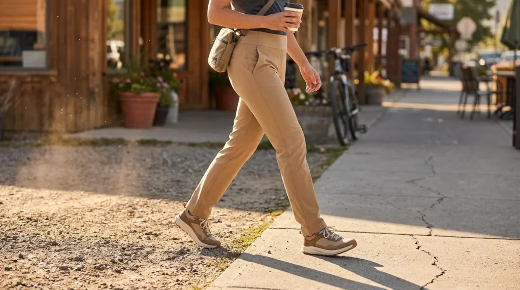 A woman in khaki Prana Halle Straight hiking pants walking from a forest trail onto a town sidewalk, trail runners on, carrying a coffee cup, cafe visible in background