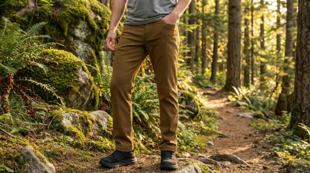 A male hiker wearing dark brown Prana Zion Stretch II heavyweight hiking pants on a frost-covered early morning trail, breath vapor visible, pine forest and low mist in background
