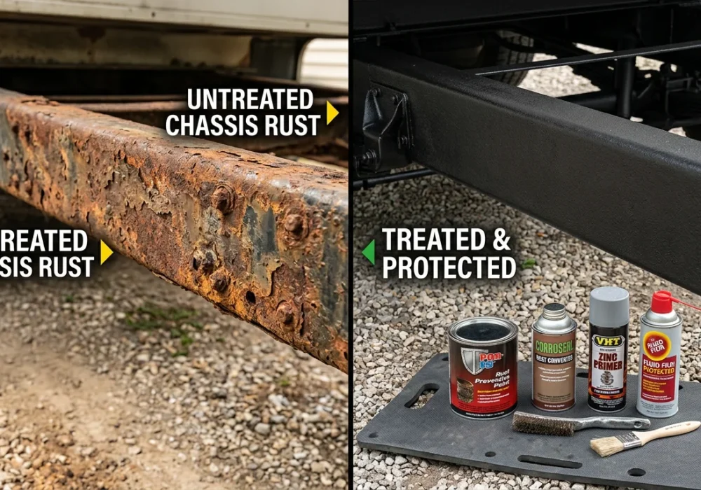 Split before and after showing heavily rusted RV chassis rail versus same section treated with rust converter, zinc primer, and rubberized undercoat