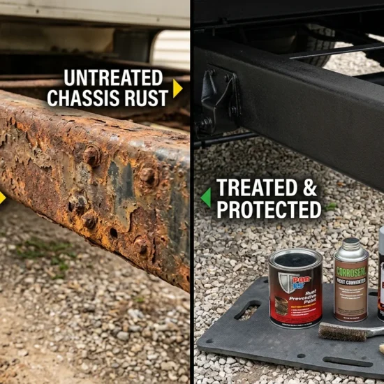 Split before and after showing heavily rusted RV chassis rail versus same section treated with rust converter, zinc primer, and rubberized undercoat