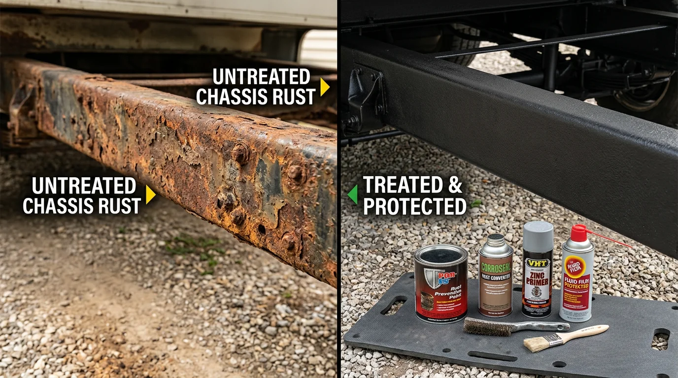 Split before and after showing heavily rusted RV chassis rail versus same section treated with rust converter, zinc primer, and rubberized undercoat