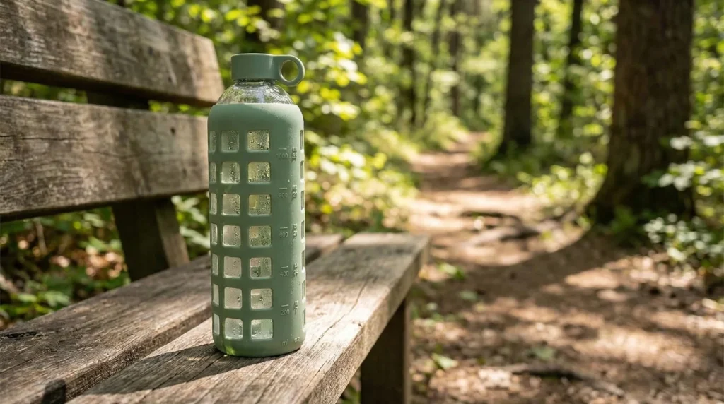 Purifyou Premium glass water bottle with forest green silicone sleeve standing on a marble countertop next to a window with natural sunlight