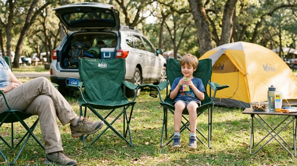 REI Campwell camp chair with a child sitting comfortably beside an adult at a family campsite, showing versatile seat height