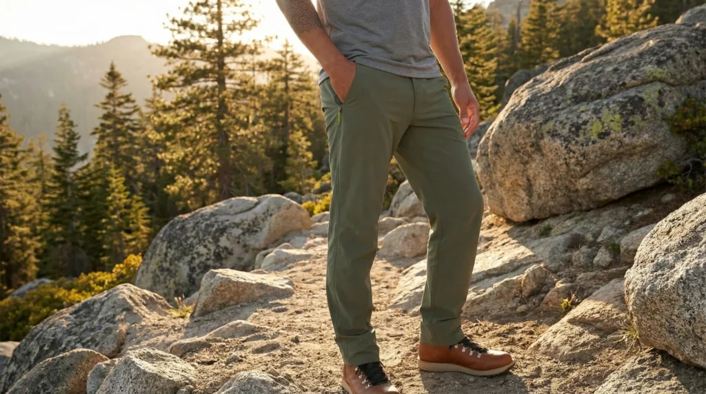 A male hiker wearing lightweight slate blue REI Co-op Trailmade hiking pants standing at a trailhead sign with a medium backpack, morning light, forest trail beginning behind him