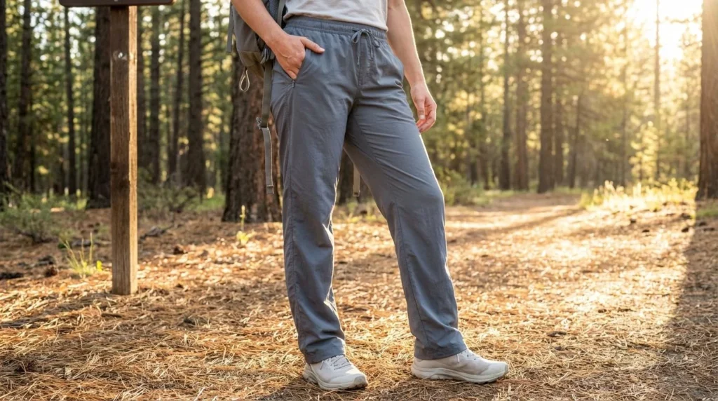A female hiker wearing slate gray REI Co-op Trailmade pants at a forested trailhead, medium backpack, warm morning light, welcoming pine forest trail beginning behind her