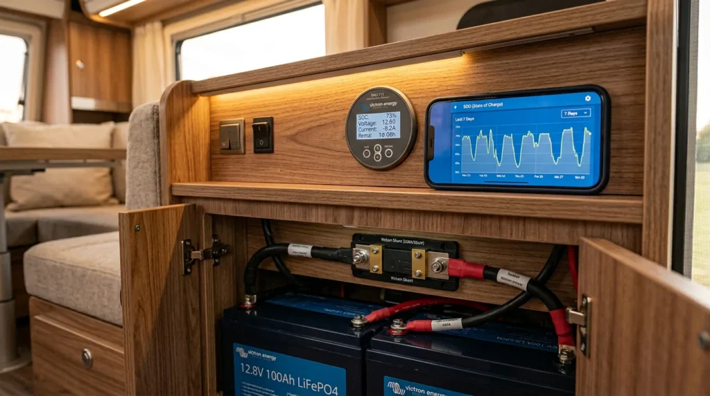 Victron BMV-712 Smart battery monitor installed in RV showing state of charge, voltage, and current draw with smartphone app displaying historical SOC trend