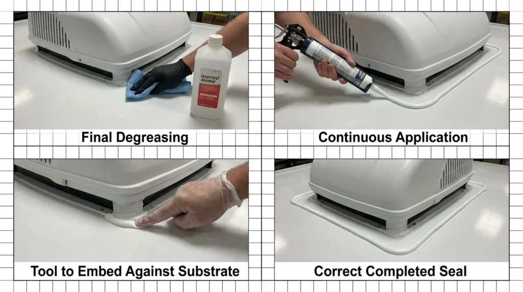 Four-step RV roof sealant application showing final alcohol wipe, continuous bead application, finger tooling to embed, and completed perimeter seal around AC unit