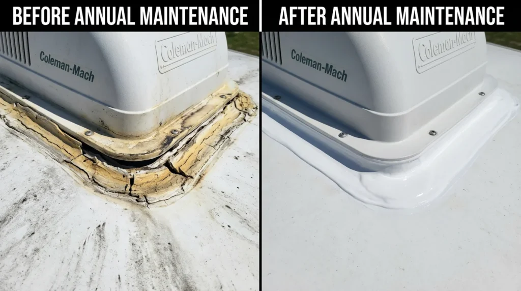 Before and after annual RV roof maintenance showing cracked separated brittle sealant around AC unit versus fresh white lap sealant fully bonded to TPO membrane