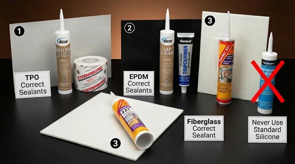 Correct sealant products for three RV roof types showing Dicor 501LSW for TPO, butyl sealant for EPDM, Sikaflex for fiberglass, with red X over standard silicone caulk