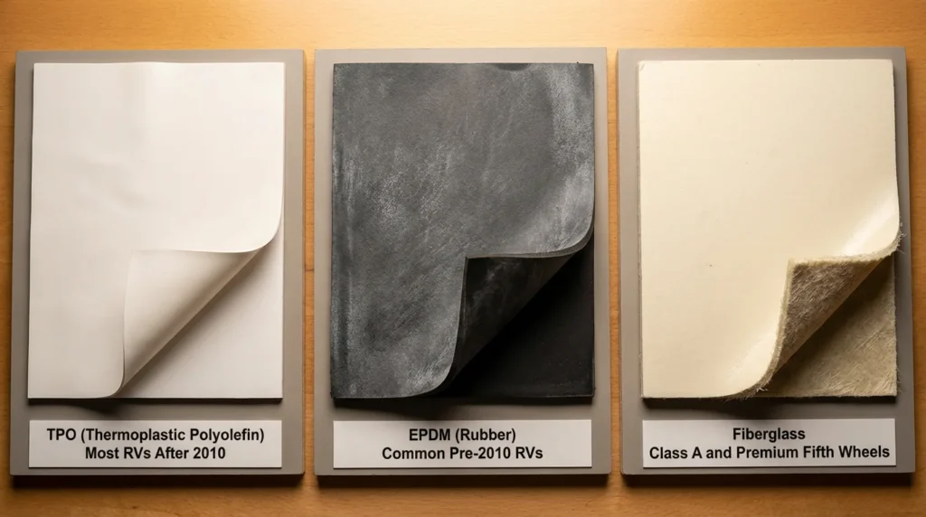 Three RV roof membrane types showing TPO smooth white surface, EPDM dark gray rubber, and fiberglass cream rigid panel side by side for identification