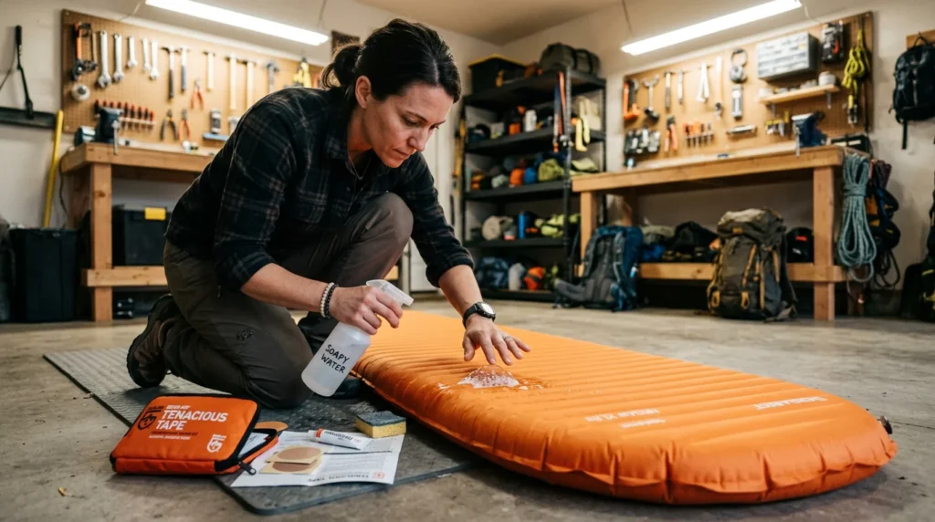 Camper testing sleeping pad for leaks using soapy water spray bottle with Tenacious Tape repair kit nearby on garage floor