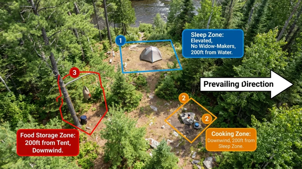 Solo camping safety campsite three-zone diagram showing sleeping zone elevated 200 feet from water, cooking zone 200 feet downwind, and bear food storage zone 200 feet from tent with wind direction arrows
