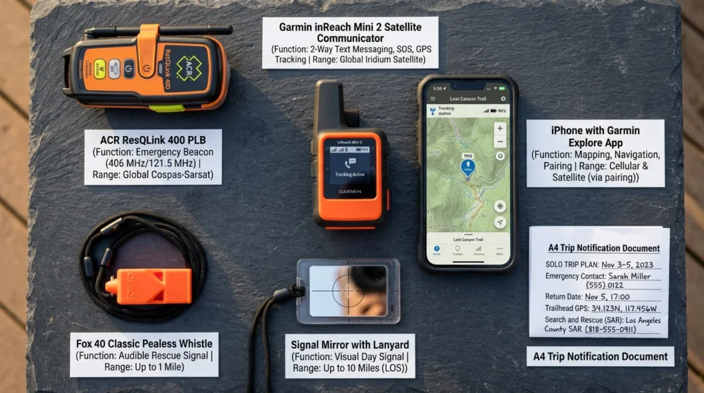 Solo camping safety communication kit flat lay showing Garmin inReach Mini 2, ACR PLB, Fox 40 whistle, signal mirror, iPhone with tracking app, and trip notification document