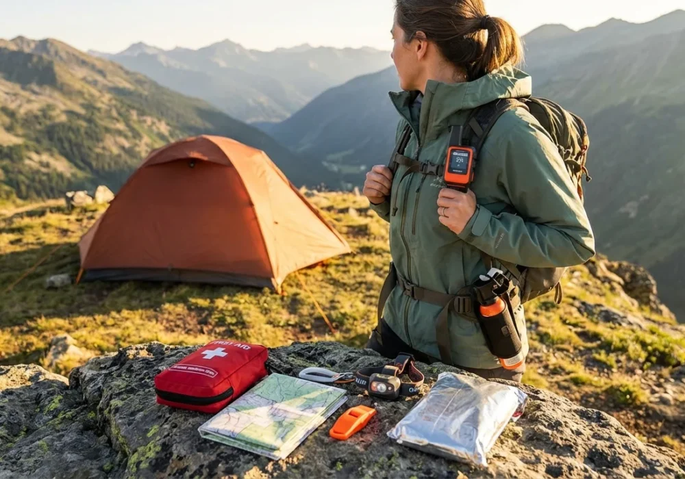Confident solo female camper at mountain ridge campsite at golden hour with Garmin inReach satellite communicator, bear spray, and solo camping safety kit displayed in foreground