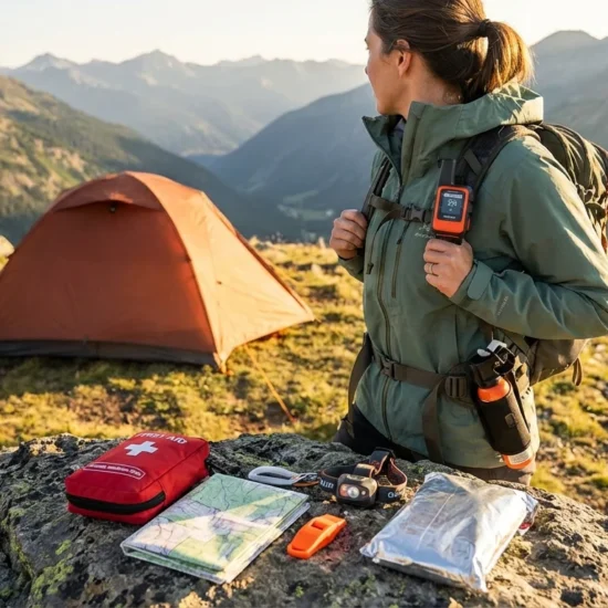 Confident solo female camper at mountain ridge campsite at golden hour with Garmin inReach satellite communicator, bear spray, and solo camping safety kit displayed in foreground