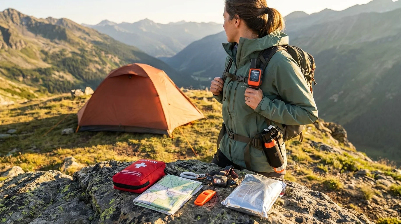 Confident solo female camper at mountain ridge campsite at golden hour with Garmin inReach satellite communicator, bear spray, and solo camping safety kit displayed in foreground