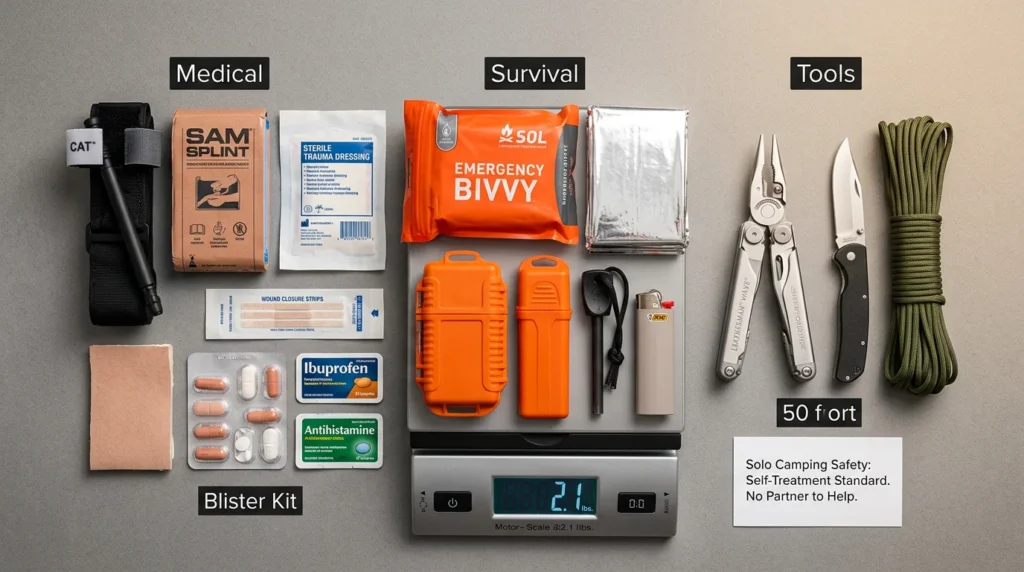 Complete solo camping safety first aid and survival kit flat lay showing CAT tourniquet, SAM splint, SOL bivvy, fire starters, Leatherman multi-tool, paracord, and survival items weighing 2.1 lbs total