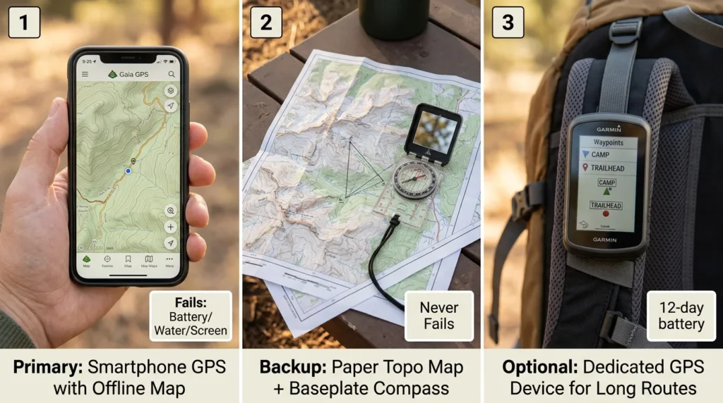 Solo camping safety navigation redundancy showing smartphone GPS offline map, paper topo map with compass triangulation, and dedicated Garmin GPS device with waypoints in three-panel comparison