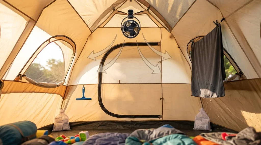 Tent fan and condensation management accessories inside summer camping tent showing O2COOL fan airflow, silica gel packets, squeegee, and microfiber moisture panel