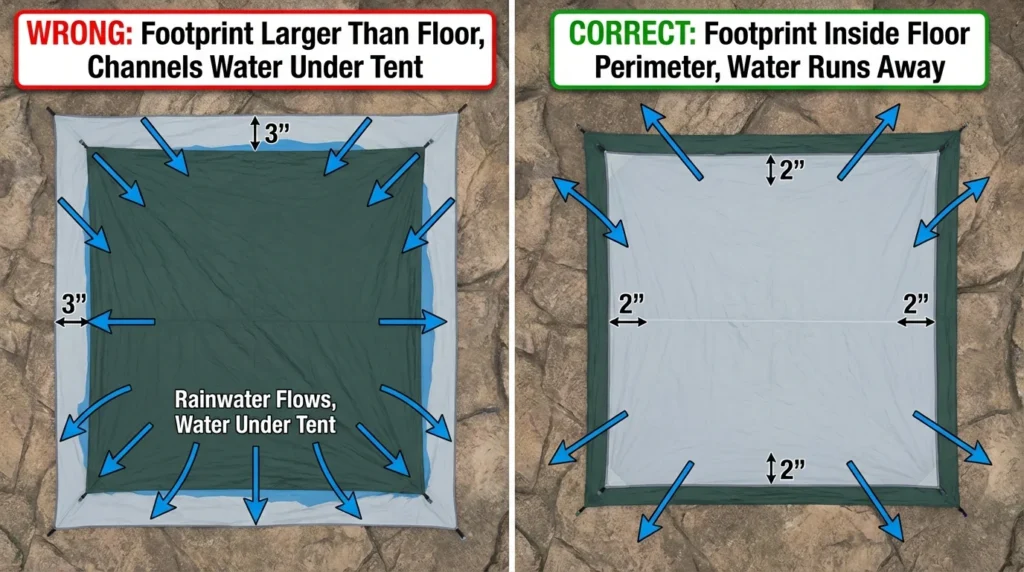 Tent footprint sizing comparison showing incorrect oversized footprint channeling water under tent versus correct undersized footprint allowing water runoff away from tent