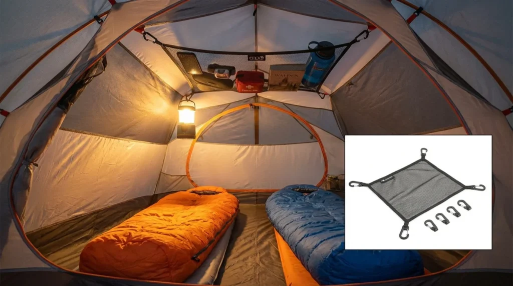 Gear loft installed in two-person tent ceiling showing organized phone, headlamp, glasses, first aid kit, and water bottle overhead with clear sleeping space below