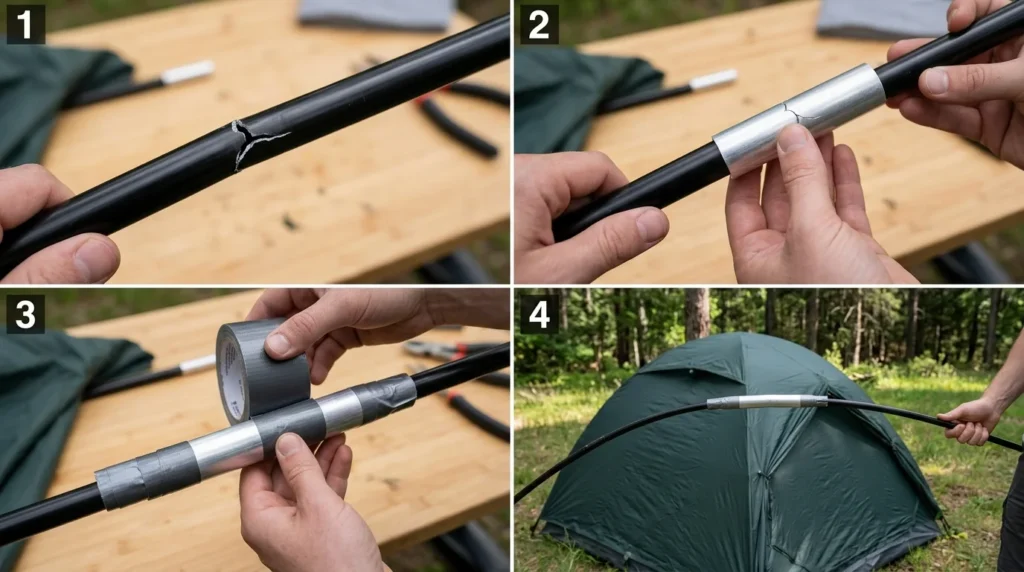 Four-step tent pole repair sleeve installation showing cracked pole, sleeve placement, tape securing, and completed repair under tent tension