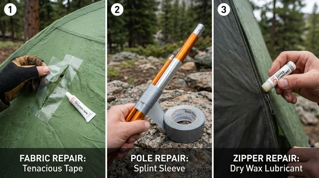 Three-panel tent repair kit use showing Tenacious Tape fabric repair, aluminum splint pole repair, and zipper lubricant application in field camping conditions