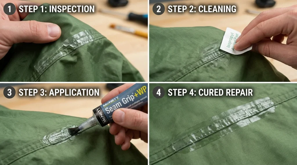 Four-step tent seam repair showing delaminating tape detection, alcohol cleaning, Seam Grip application, and finished cured seal