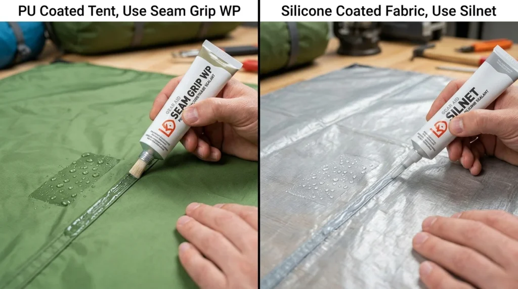 Split comparison showing Gear Aid Seam Grip WP application on PU-coated tent seam versus Silnet application on silicone-coated Silnylon fabric