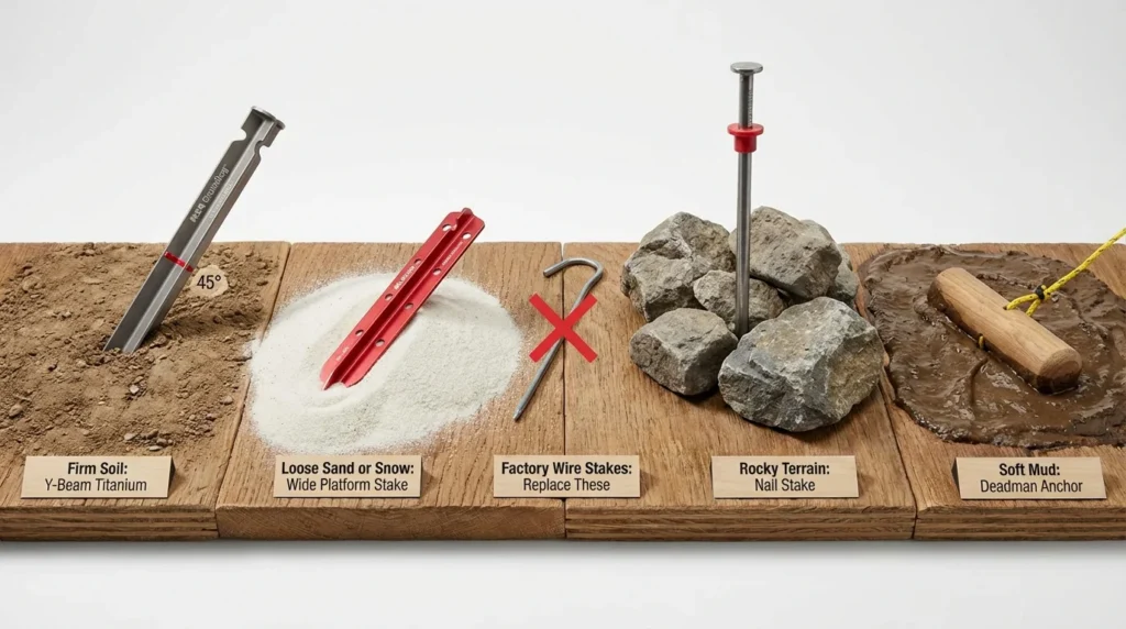 Five tent stake types for different ground conditions showing titanium Y-beam for firm soil, wide platform for sand, nail stake for rock, and deadman for mud with factory wire stake crossed out