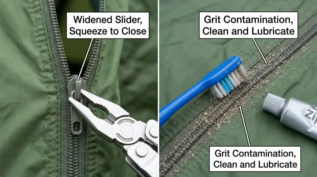 Two tent zipper failure modes showing slider separation repair with pliers and grit contamination repair with brush and zipper lubricant