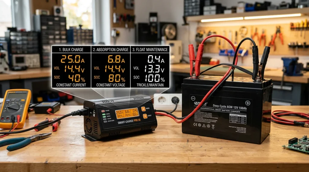 Three-stage battery charging process showing bulk charge high current, absorption charge constant voltage, and float maintenance stage on smart charger display