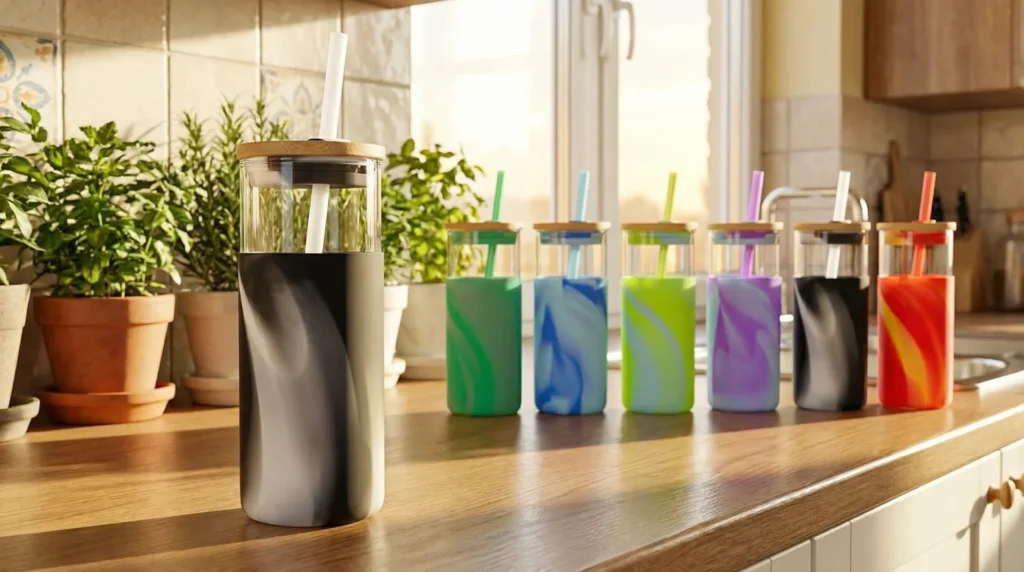 Tronco 20oz glass tumbler with bamboo lid and glass straw on a rustic wooden coaster with iced coffee