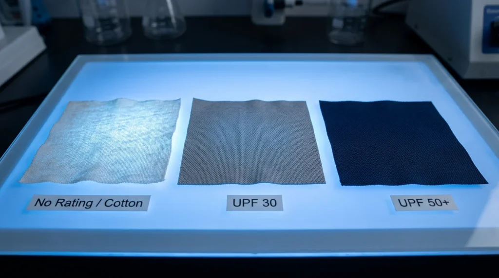 UPF fabric comparison showing UV light transmission through unrated cotton versus UPF 30 and UPF 50 rated hiking hat fabrics