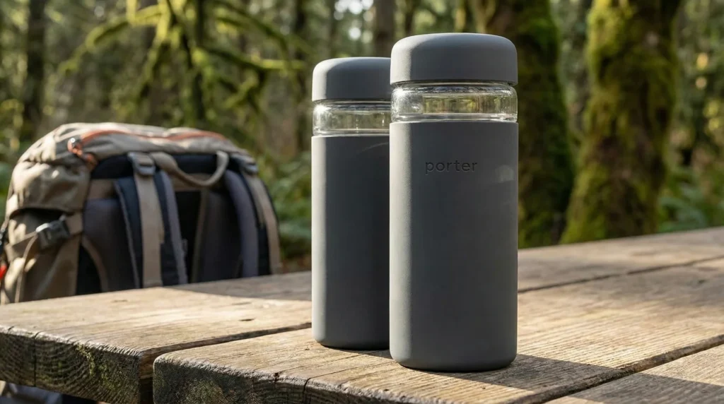 W&P wide mouth glass water bottle filled with fruit-infused water with lemon slices and berries on a bright kitchen counter