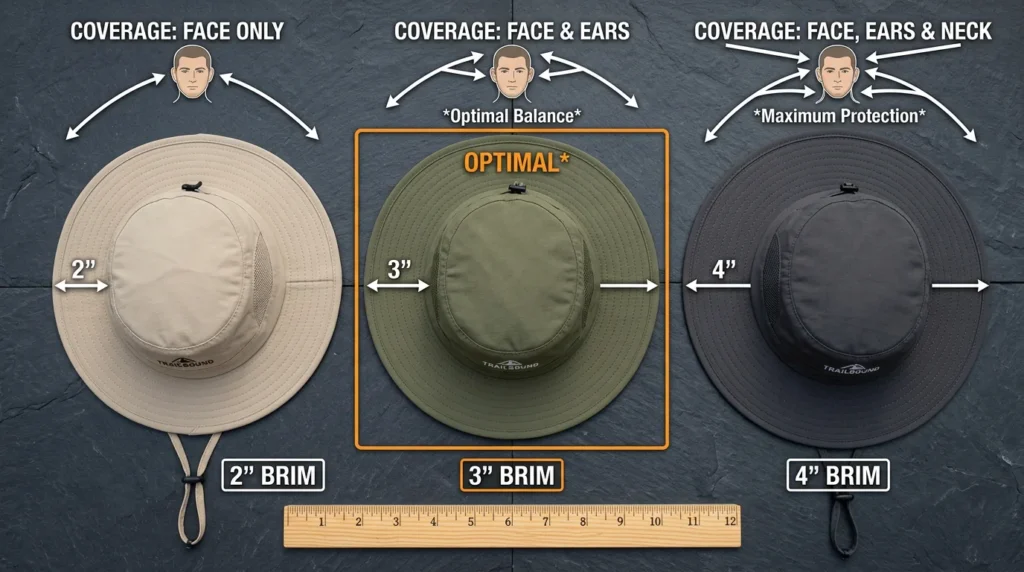 Three wide-brim hiking hats showing 2-inch, 3-inch, and 4-inch brim widths with coverage zone diagrams for face, ears, and neck