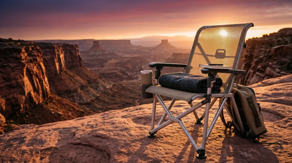 YETI Trailhead luxury camping chair in tan colorway positioned at an upscale glamping site with canyon views at sunset