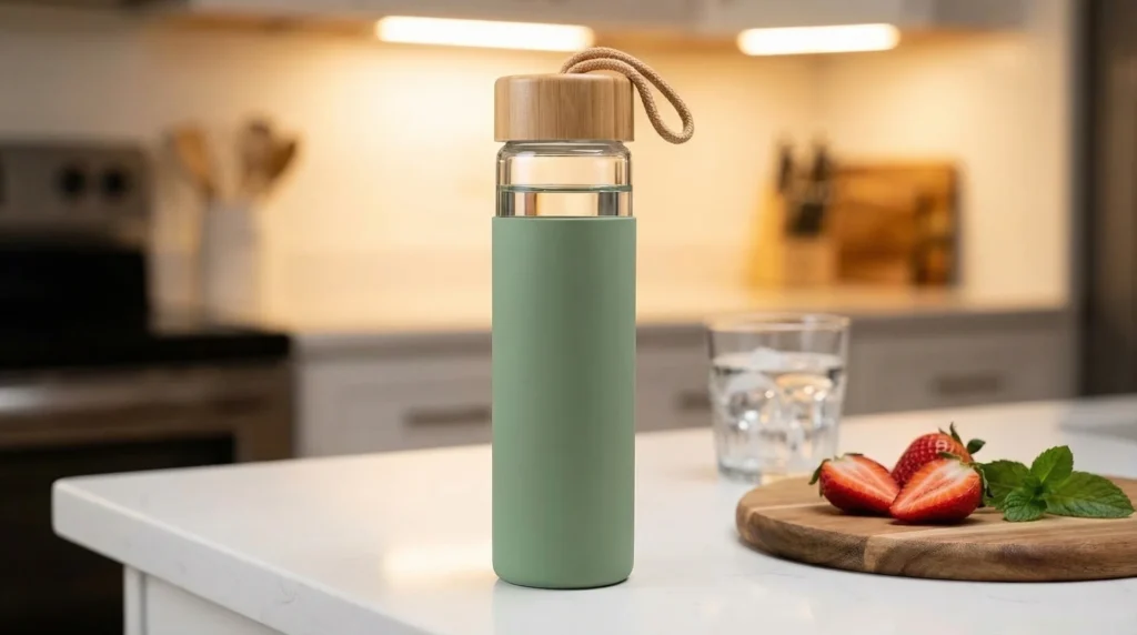 Yomious glass water bottle with bamboo lid and partial sage green silicone sleeve on a white kitchen counter with fresh fruit nearby