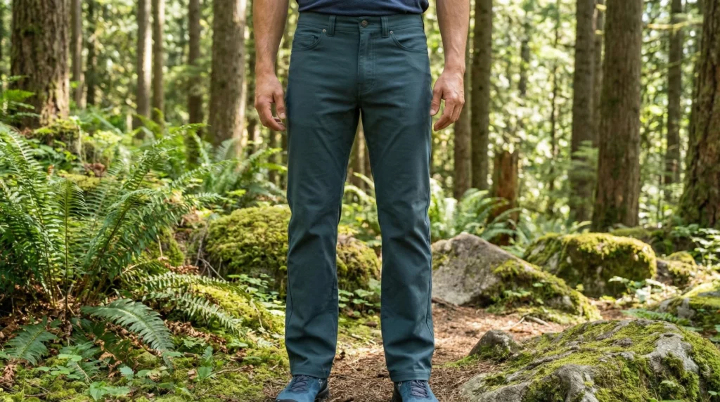 A male hiker wearing slim-fit navy prAna Brion pants walking from a trail onto a town street, trail runner shoes, coffee cup in hand, cafe storefront blurred in background