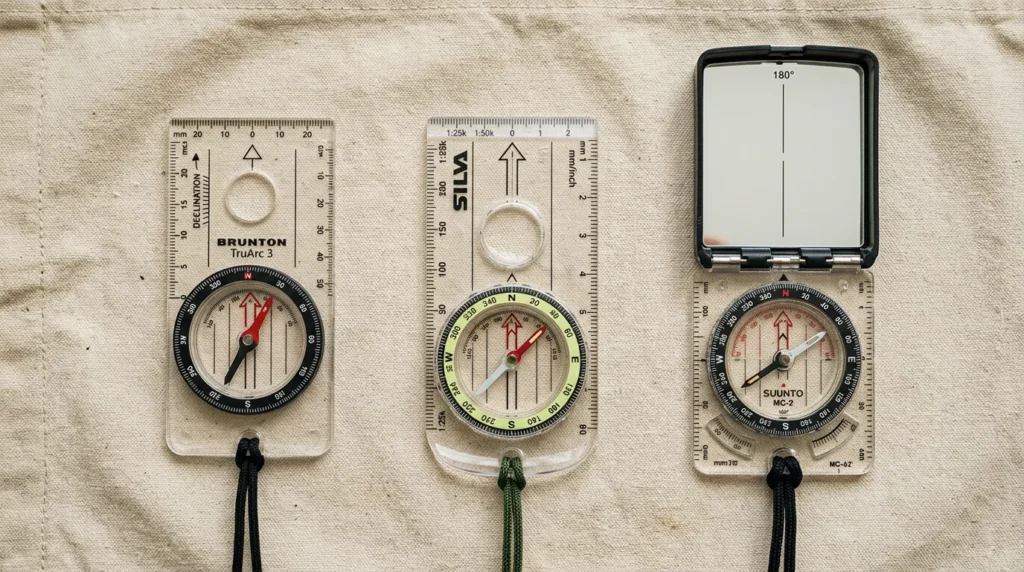 Three baseplate compasses arranged side by side on a canvas surface — a simple beginner model, an advanced topo model, and a mirror compass — photographed from above in professional product style