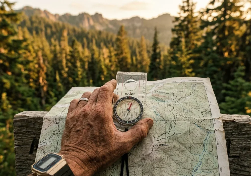 A weathered hand holding a baseplate compass over a topographic map with a blurred pine forest in the golden-hour background