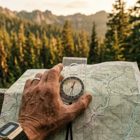 A weathered hand holding a baseplate compass over a topographic map with a blurred pine forest in the golden-hour background