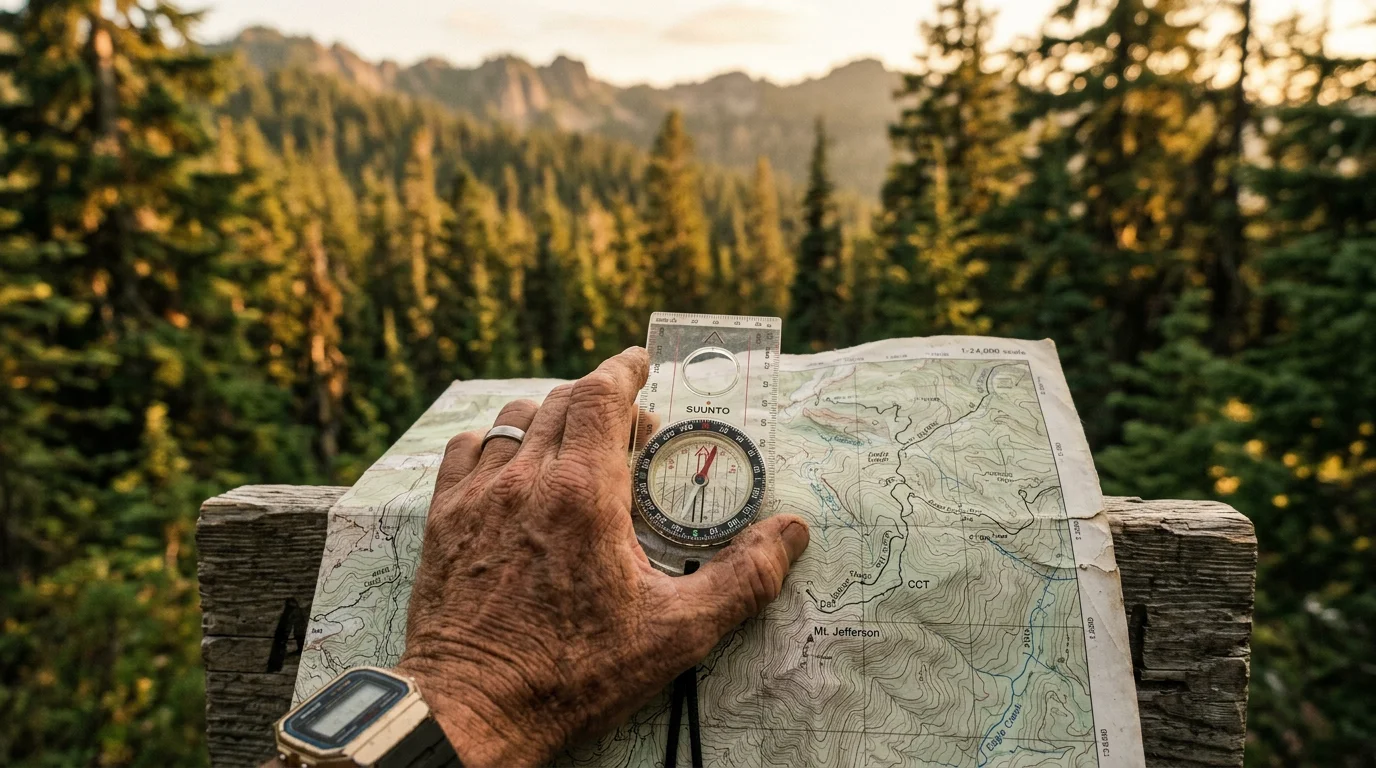 A weathered hand holding a baseplate compass over a topographic map with a blurred pine forest in the golden-hour background