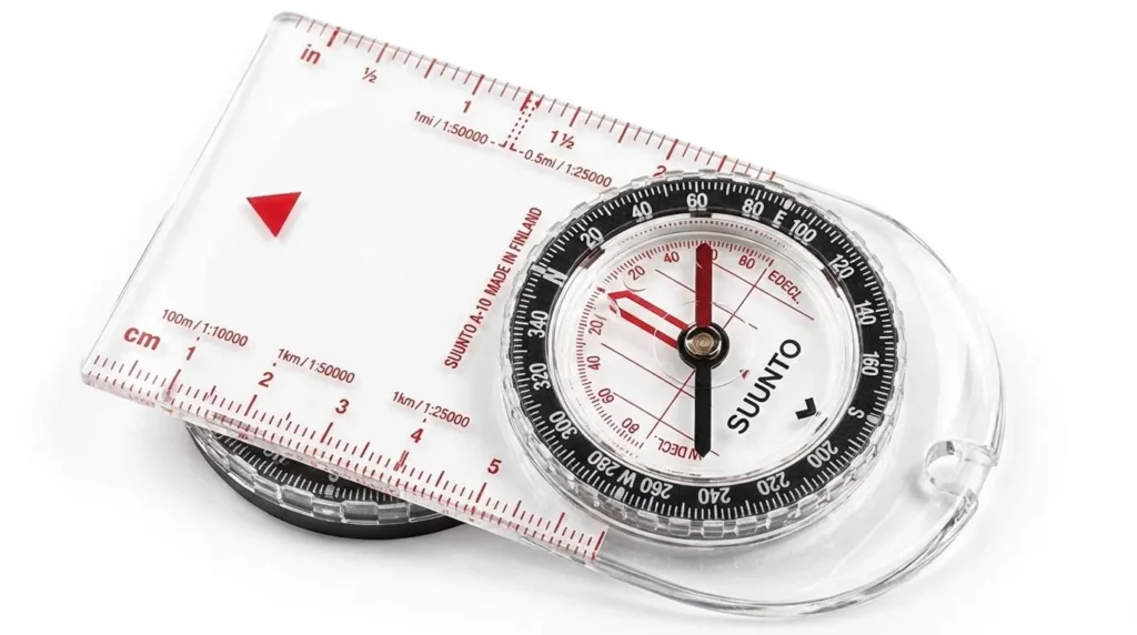 Top-down flat-lay of a baseplate compass on a white background with each component clearly visible including the bezel, needle, orienting arrow, and direction-of-travel arrow