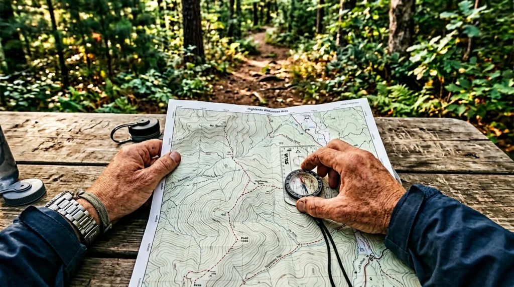 Overhead view of a hiker's hands orienting a topographic map using a baseplate compass on a wooden trail table, surrounded by forest